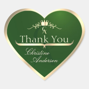 Forest Green with Gold Frame Monogram Thank You Heart Sticker