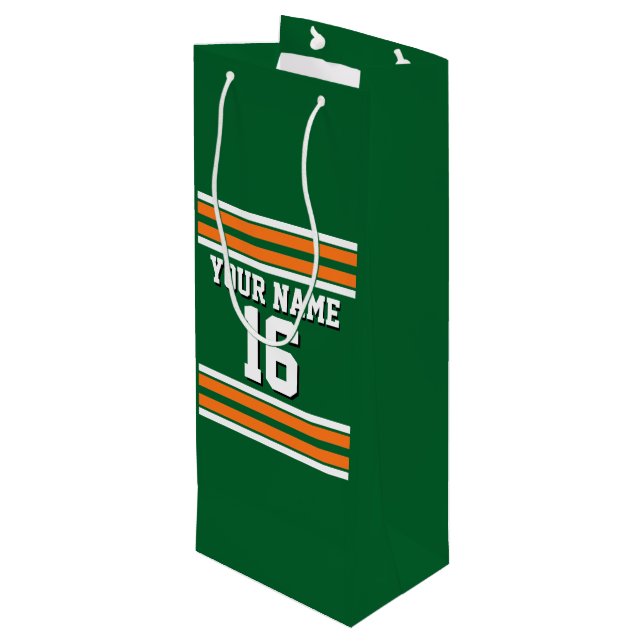 Forest Green with Orange White Stripes Team Jersey Wine Gift Bag (Back Angled)