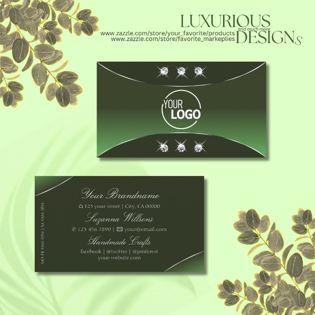 Forest Green with Silver Decor Diamonds and Logo Business Card (Creator Uploaded)