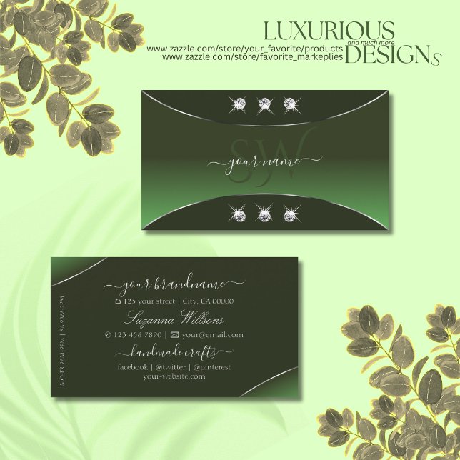 Forest Green with Silver Decor Jewels and Monogram Business Card (Creator Uploaded)