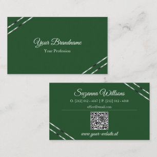 Forest Green with Silver Lines and QR Code Elegant Business Card