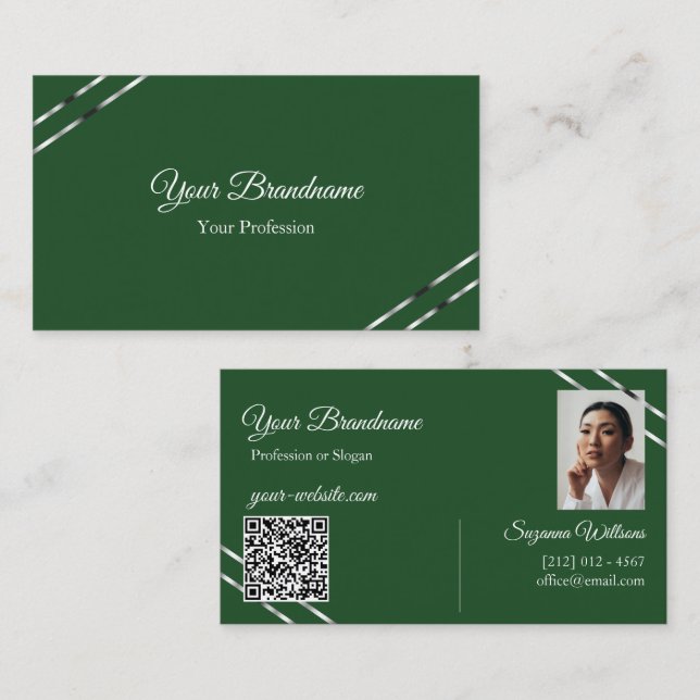 Forest Green with Silver Lines Photo and QR Code Business Card (Front/Back)