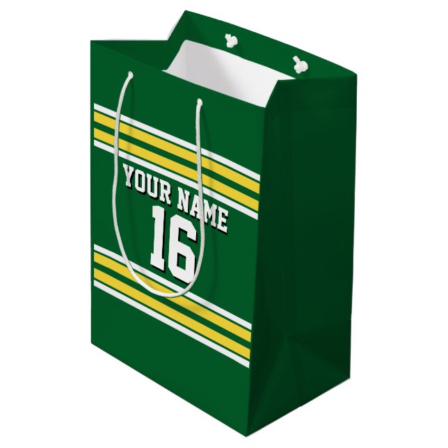 Forest Green with Yellow White Stripes Team Jersey Medium Gift Bag (Back Angled)