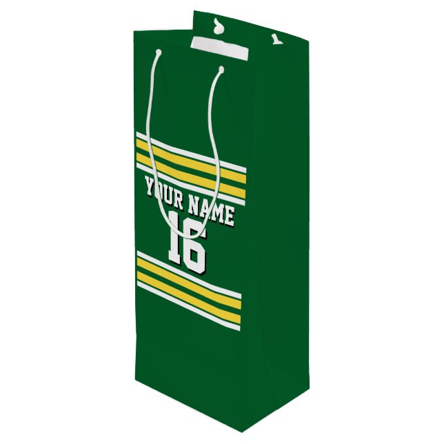 Forest Green with Yellow White Stripes Team Jersey Wine Gift Bag (Back Angled)