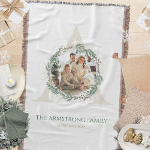 Forest Green Wreath Gold Monogram Photo Keepsake Throw Blanket
