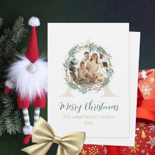 Forest Green Wreath Gold Photo Christmas Greeting Holiday Card