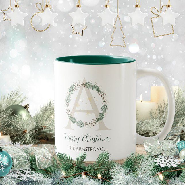 Forest Green Wreath Monogram Christmas Initial Coffee Mug (Creator Uploaded)