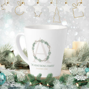 Forest Green Wreath Monogram Family Name Keepsake Latte Mug
