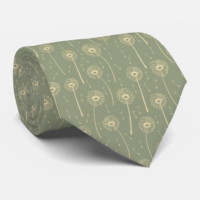 forest green yellow bohemian dandelions pattern tie (Rolled)