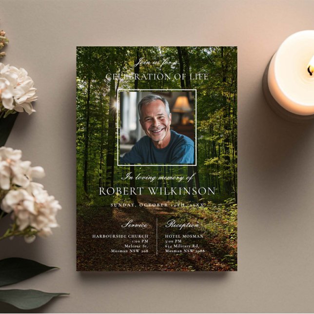 Forest greenery celebration of life Funeral Photo Invitation (Creator Uploaded)