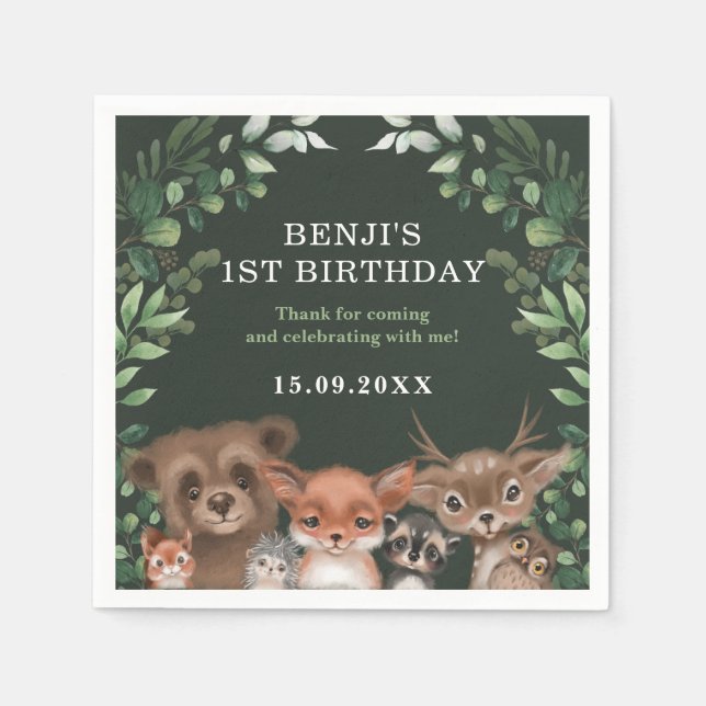 Forest Greenery Woodland Animals Wild One Birthday Napkin (Front)