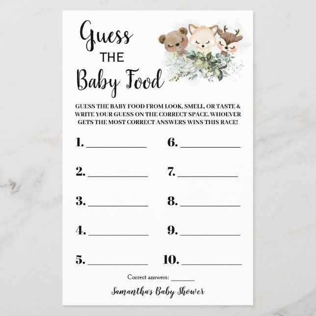 Forest Guess the Baby Food Baby Shower Game Card (Front)