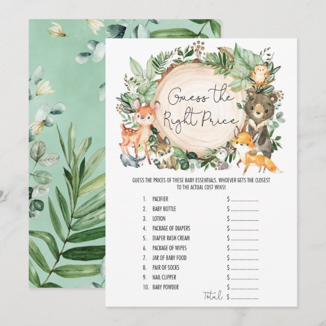 Forest Guess the Right Price Baby Shower Game Card (Front/Back)