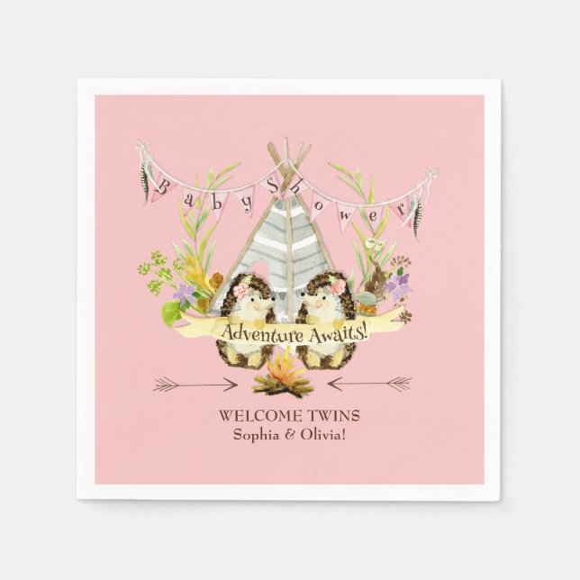 Forest Hedgehogs Twin Girls Boho Baby Shower Pink Napkin (Front)