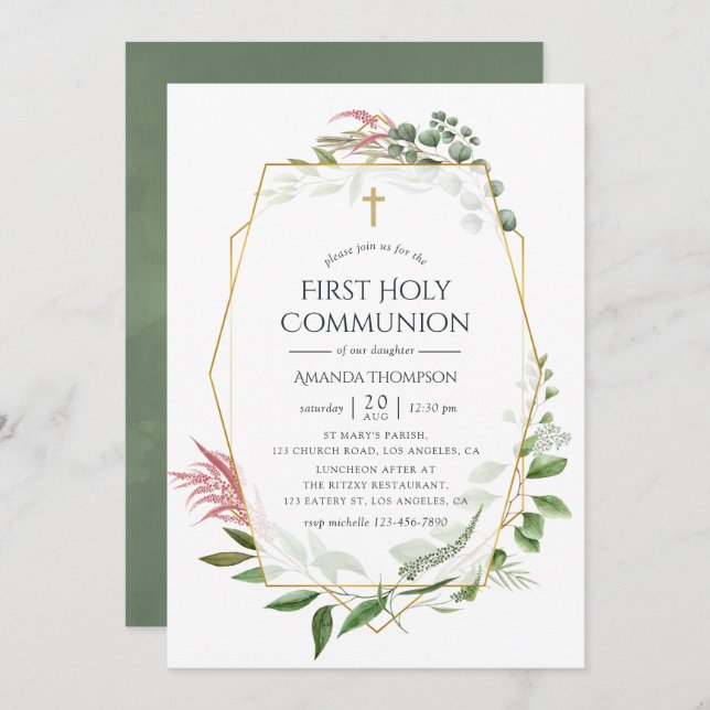 Forest Herbarium Geometric First Holy Communion Invitation (Front/Back)