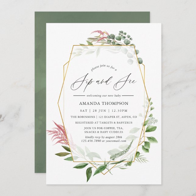 Forest Herbarium Geometric Sip and See Party Invitation (Front/Back)