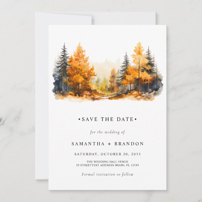 Forest in fall colours minimalist save the date (Front)