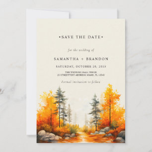 Forest in fall colours wedding save the date