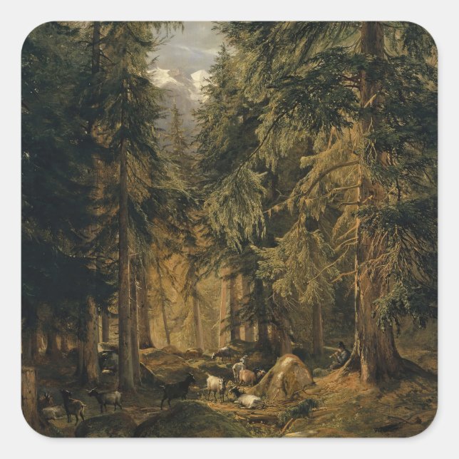 Forest in the High Mountains with Flock of Goats Square Sticker (Front)
