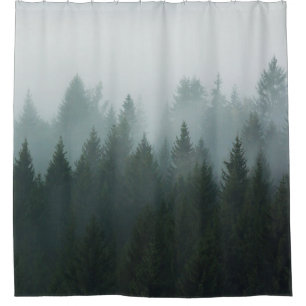 Forest in the morning mist in the mountain. Spruce Shower Curtain