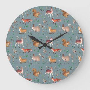forest in watercolor pattern- bambi, fox, coney, large clock