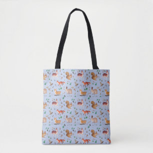 forest in watercolor pattern- bambi, fox, coney, tote bag