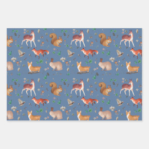 forest in watercolor pattern- bambi, fox, coney, wrapping paper sheet