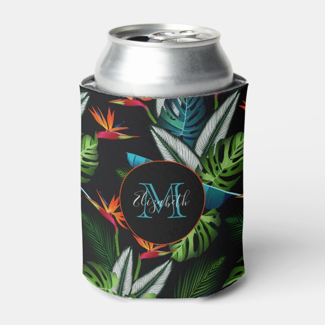 Forest jungle green foliage leaves black can cooler (Can Front)