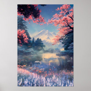 Forest Lake and Snowy Mountain Panorama Poster