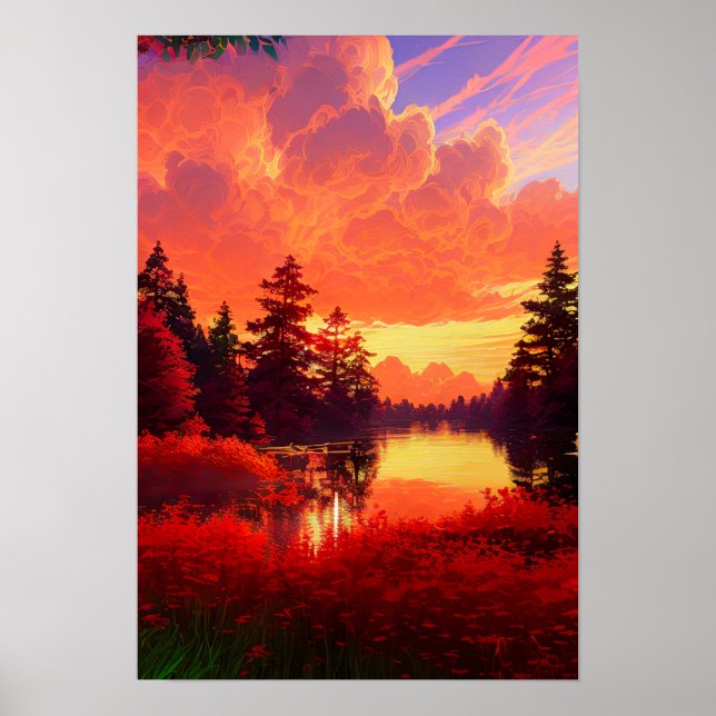 Forest Lake Bathed in Red Sunset Poster (Front)