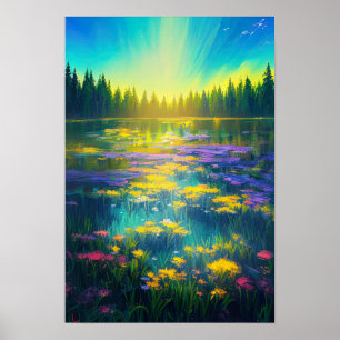 Forest Lake in the Blanket of Colourful Lilies Poster