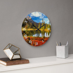 Forest Lake Mountains Autumn Colours Watercolor Ar Large Clock