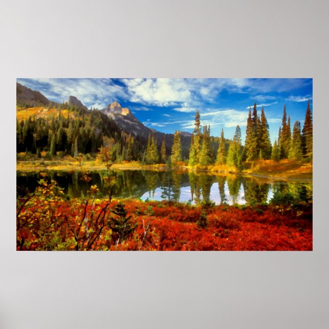 Forest Lake Mountains Autumn Colours Watercolor Poster (Front)