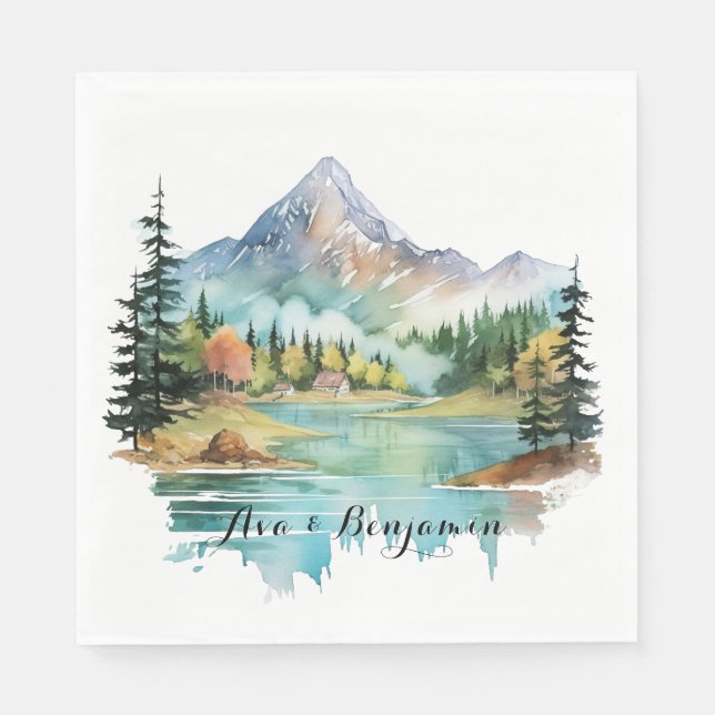 Forest Lakeside Colourful Mountain Wedding Napkin (Front)