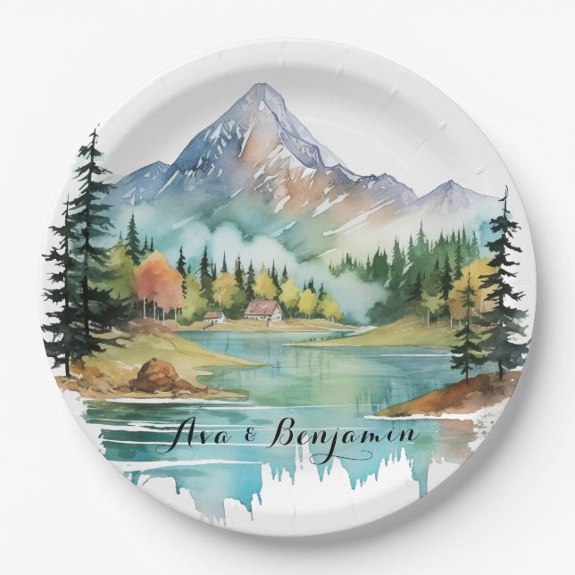 Forest Lakeside Colourful Mountain Wedding Paper Plate (Front)