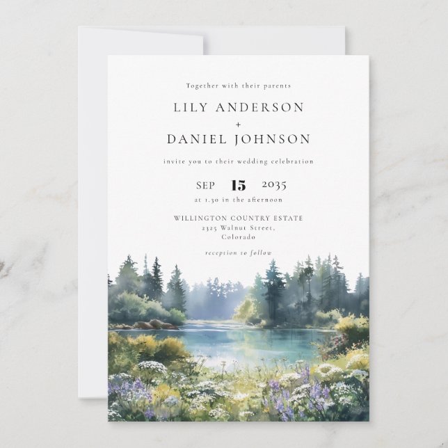 Forest Lakeside Floral All In One Wedding Invitation (Front)