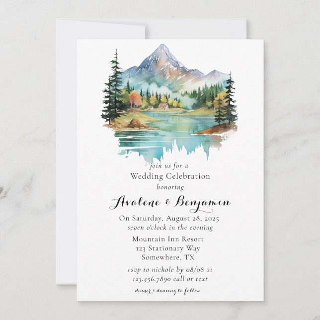 Forest Lakeside Mountain Wedding Celebration Invitation (Front)
