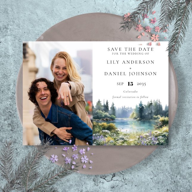 Forest Lakeside Wildflowers Floral Photo Wedding Save The Date (Forest Lakeside Wildflowers Floral Photo Wedding Save The Date)
