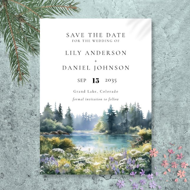 Forest Lakeside Wildflowers Floral Wedding Save The Date (Forest Lakeside Wildflowers Floral Wedding Save The Date)