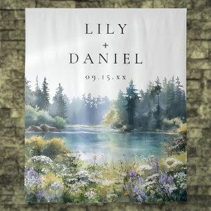 Forest Lakeside Wildflowers Wedding Photo Backdrop Tapestry