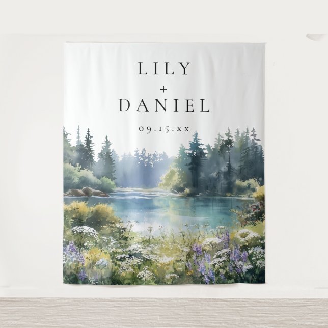 Forest Lakeside Wildflowers Wedding Photo Backdrop Tapestry (Front)
