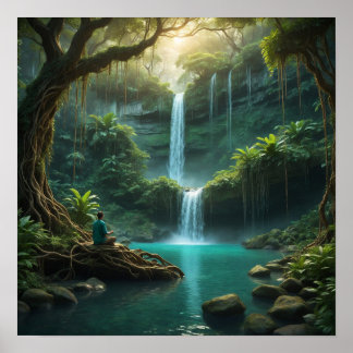 Forest Landscape with Waterfall Poster