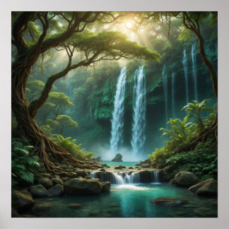 Forest Landscape with Waterfall Poster