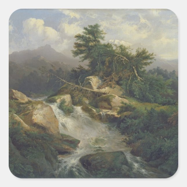 Forest Landscape with Waterfall Square Sticker (Front)