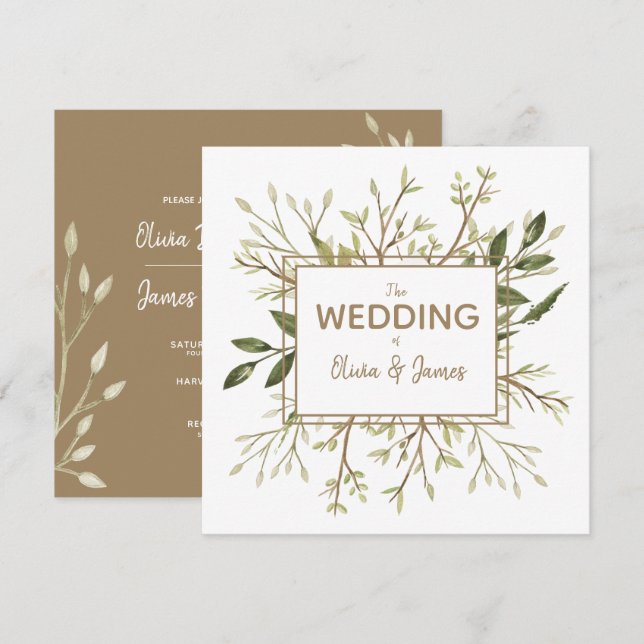 Forest Leaves - Green and Taupe Wedding Invitation (Front/Back)