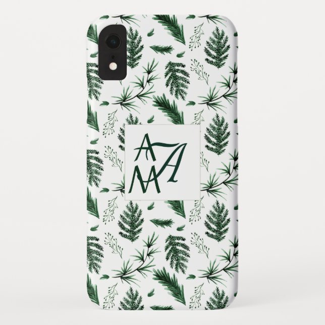 Forest Leaves Green Monogram 3 Initials Newlyweds Case-Mate iPhone Case (Back)