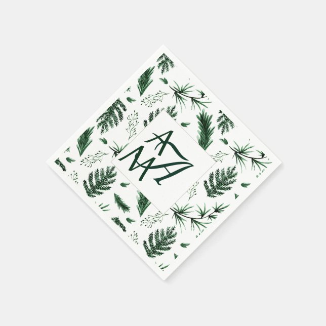 Forest Leaves Green Monogram 3 Initials Newlyweds Napkin (Corner)