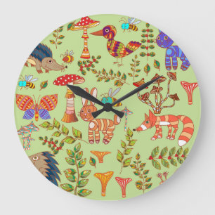 Forest Life: Vintage Flora Fauna Illustration Large Clock