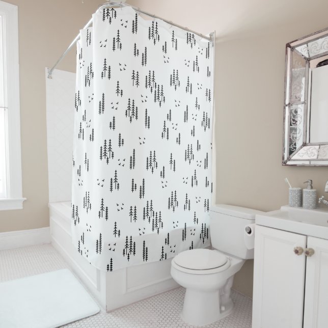 Forest Line Art Pattern Shower Curtain (In Situ)