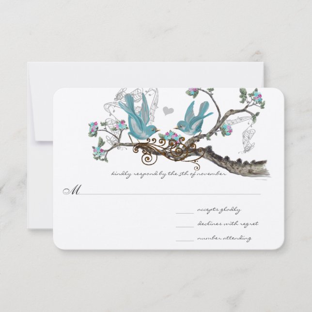 Forest Love Birds Aqua Pink Wedding RSVP Card (Front)